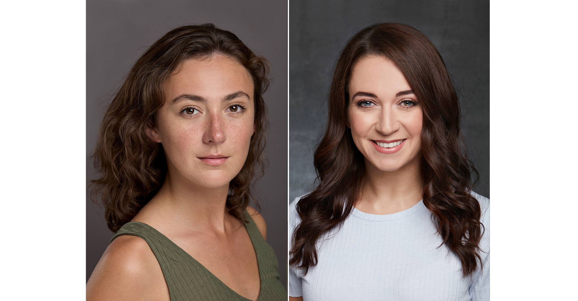 2 Actress head shots front of grey backdrop